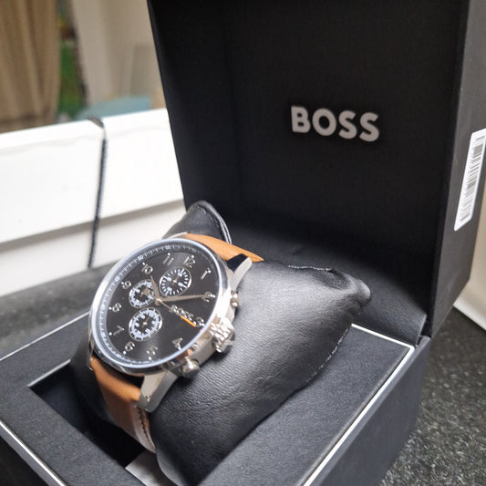 BOSS NAVIGATOR MENS BLACK DIAL BROWN LEATHER WATCH - 1513812