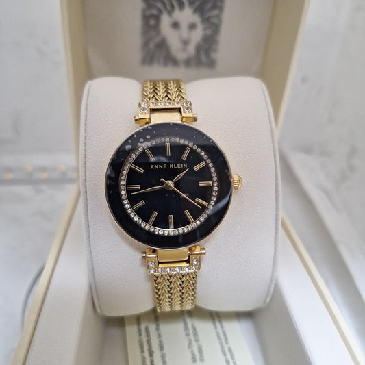 Anne Klein Women's Premium Crystal Accented Gold Mesh Bracelet Watch l Ak/1906BKGB