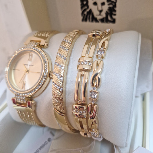 Anne Klein Women's Premium Crystal Accented Watch l Gold Bracelet Set,