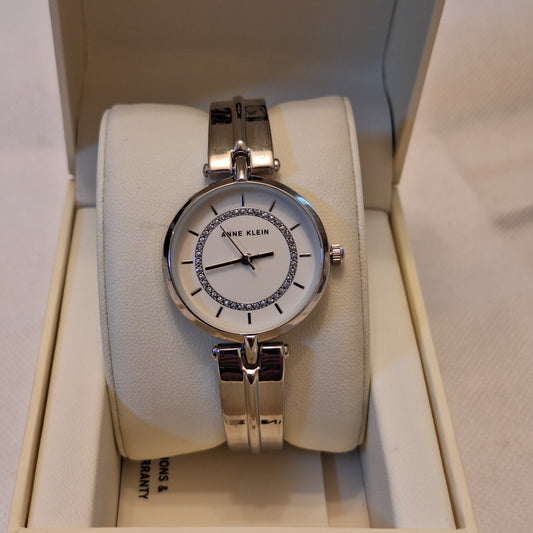 Anne Klein Women's Bangle Watch, Silver/White l AK/3959SVRT