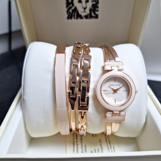 Anne Klein Women's Bangle Watch and Swarovski Crystal Accented Bracelet Set