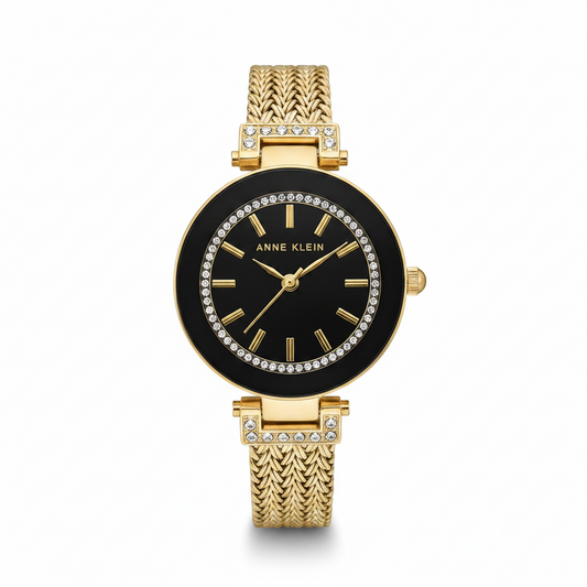 Anne Klein Women's Premium Crystal Accented Gold Mesh Bracelet Watch l Ak/1906BKGB