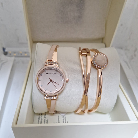 Authentic Anne Klein Premium Crystal Accented and Bangle Set Women's Watch Model AK3292LPST