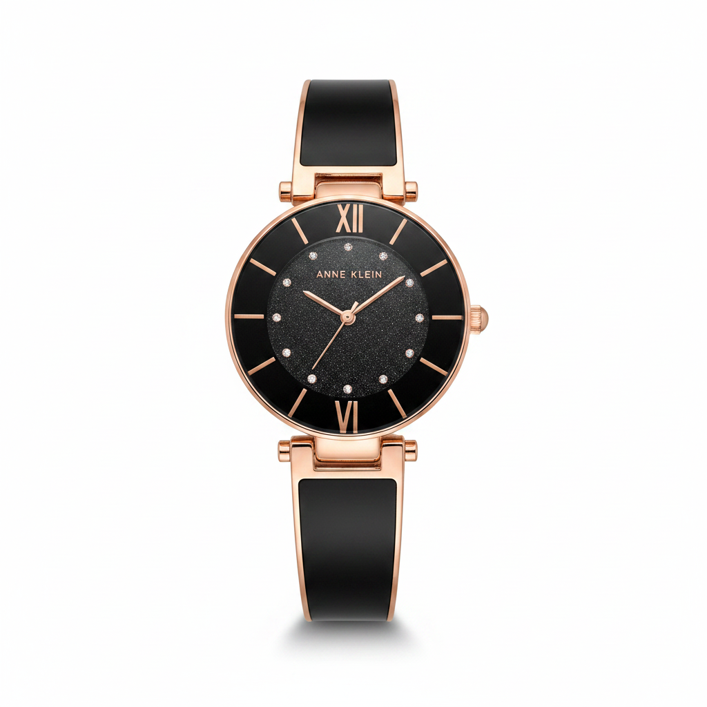Anne klein Model AK/3956 Black glitter accented dial bangle women's watch