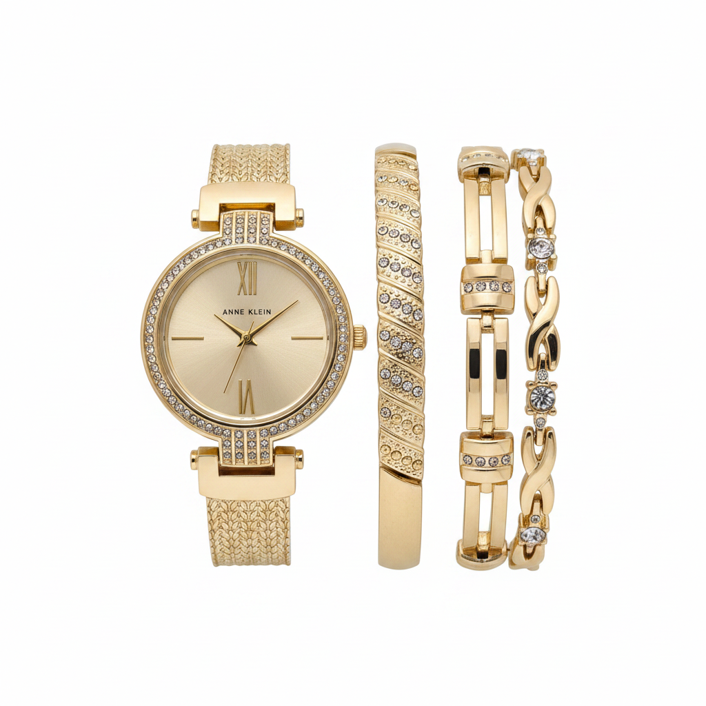 Anne Klein Women's Premium Crystal Accented Watch l Gold Bracelet Set,