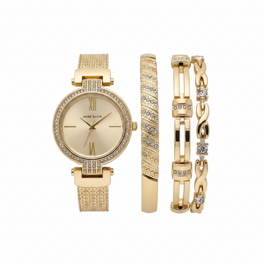 Anne Klein Women's Premium Crystal Accented Watch l Gold Bracelet Set,