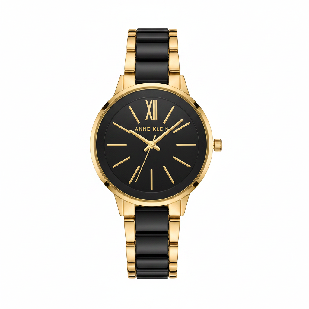 Anne Klein Women's Resin Bracelet Watch, Black/Gold Resin band with jewelry-clasp closure
