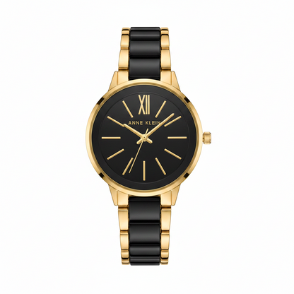 Anne Klein Women's Resin Bracelet Watch, Black/Gold Resin band with jewelry-clasp closure