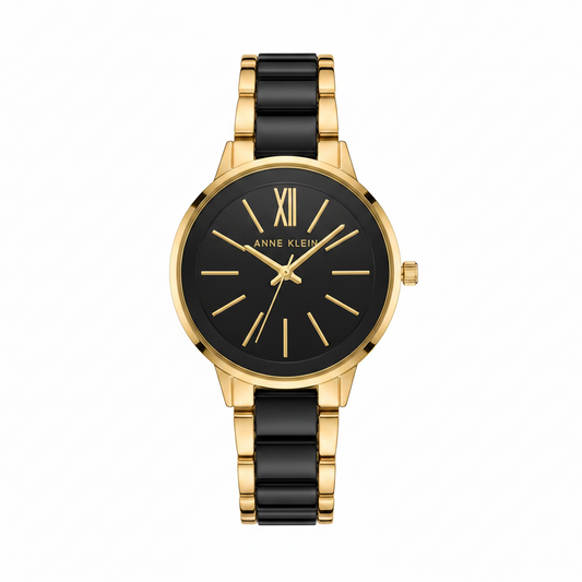 Anne Klein Women's Resin Bracelet Watch, Black/Gold Resin band with jewelry-clasp closure