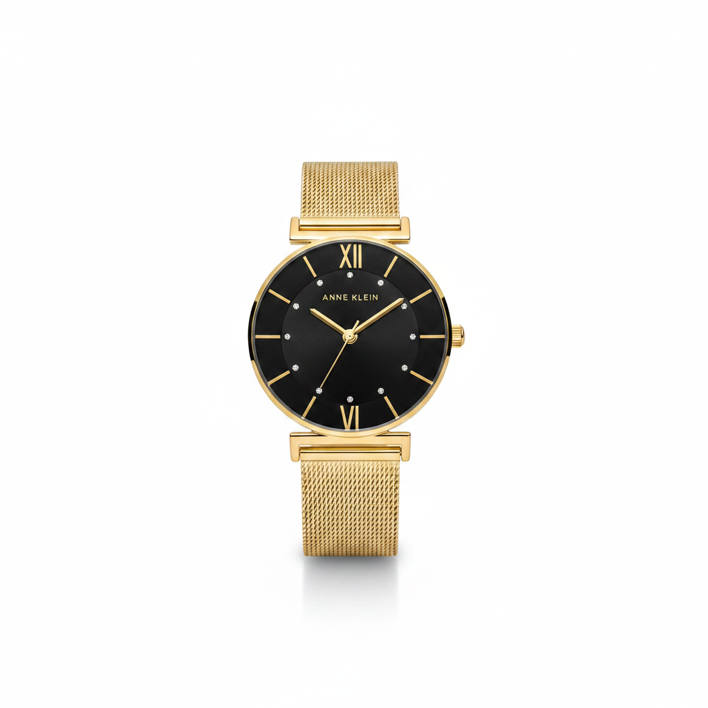 Anne Klein Women's Glitter Accented Mesh Bracelet Watch, Gold Mesh Bracelet l AK/3780BKGB