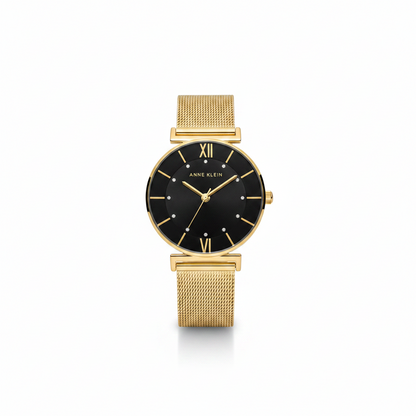 Anne Klein Women's Glitter Accented Mesh Bracelet Watch, Gold Mesh Bracelet l AK/3780BKGB