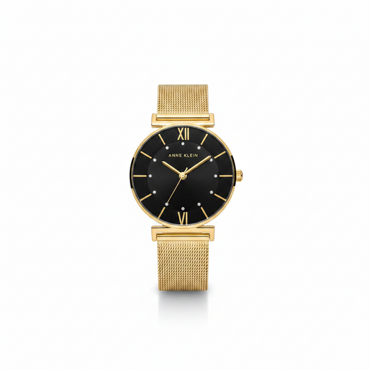 Anne Klein Women's Glitter Accented Mesh Bracelet Watch, Gold Mesh Bracelet l AK/3780BKGB