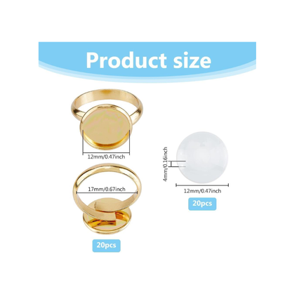 20Pcs DIY Blank Dome 304 Stainless Steel Open Cuff Ring Jewelry Making Kit Tray 12mm Real 18K Gold Plated for DIY Jewelry Making , Inner Diameter: 17mm