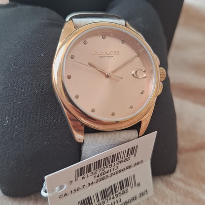 Coach GREYSON Women's Analog Round Shape Leather Wrist Watch l Gold Dial l Model 14504113
