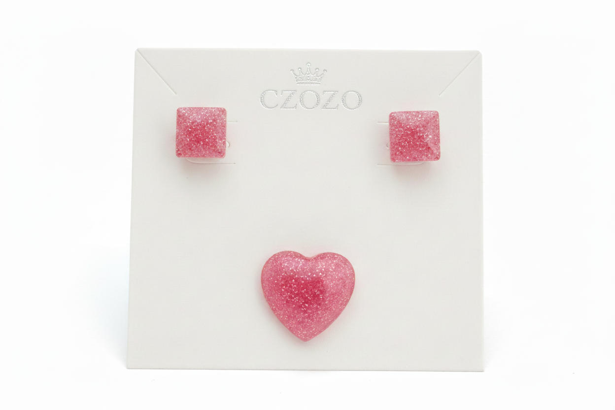 Pink heart earing stud with charm