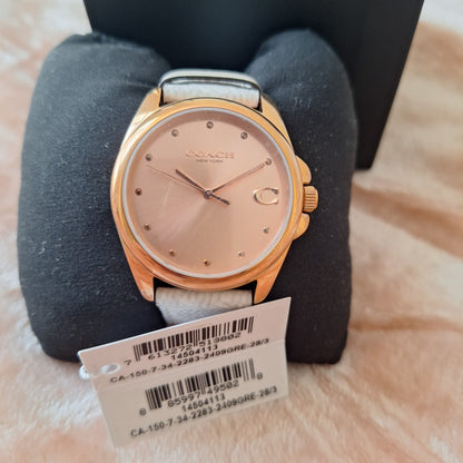 Coach GREYSON Women's Analog Round Shape Leather Wrist Watch l Gold Dial l Model 14504113