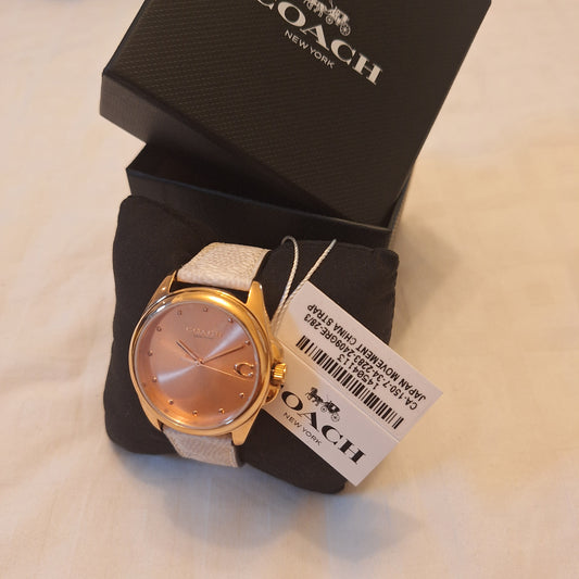 Coach GREYSON Women's Analog Round Shape Leather Wrist Watch l Gold Dial l Model 14504113