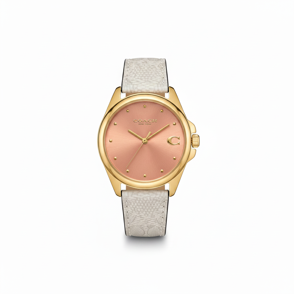 Coach GREYSON Women's Analog Round Shape Leather Wrist Watch l Gold Dial l Model 14504113