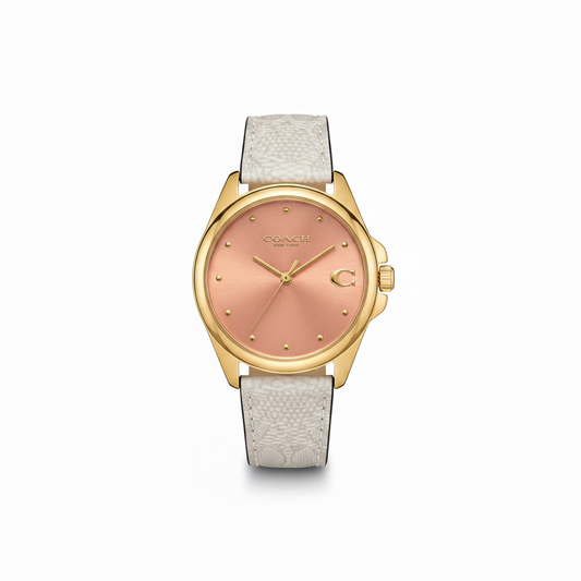 Coach GREYSON Women's Analog Round Shape Leather Wrist Watch l Gold Dial l Model 14504113