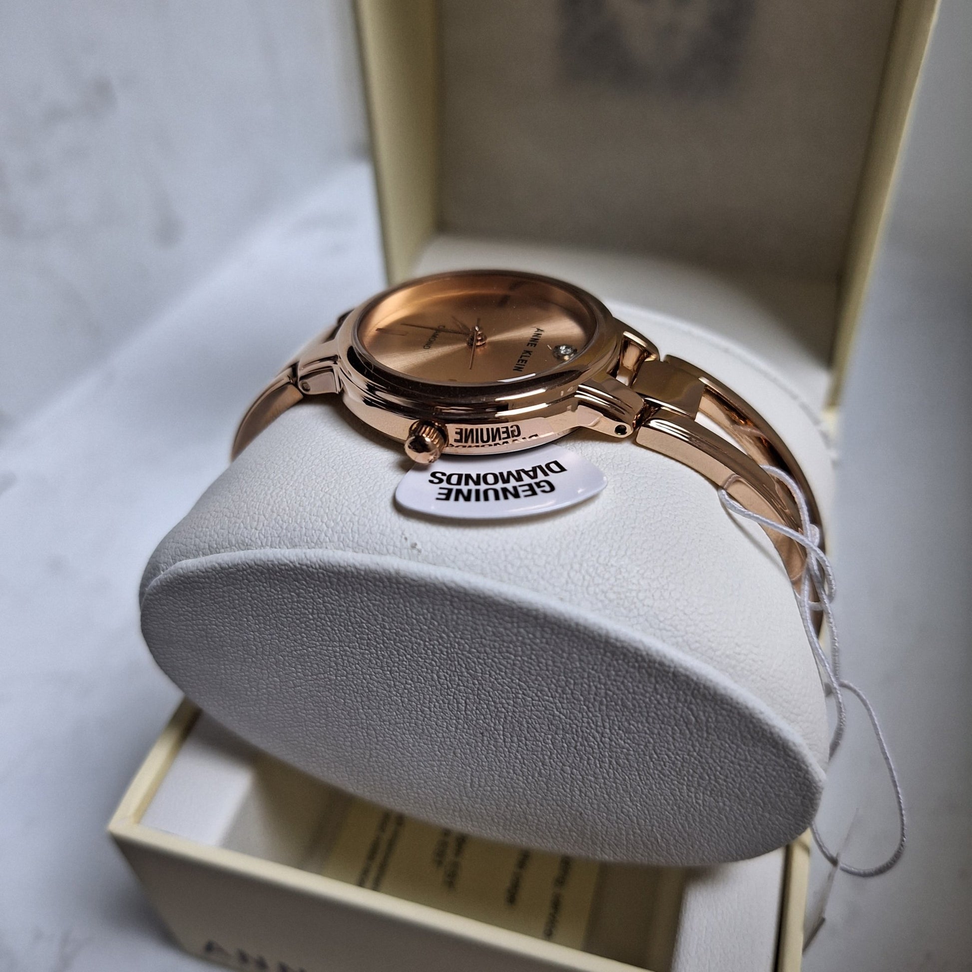 Anne Klein Rose Goldtone Open Link Diamond Dial Bangle Watch - czozo