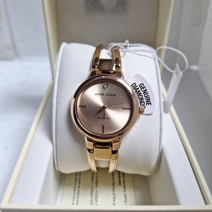 Anne Klein Rose Goldtone Open Link Diamond Dial Bangle Watch - czozo